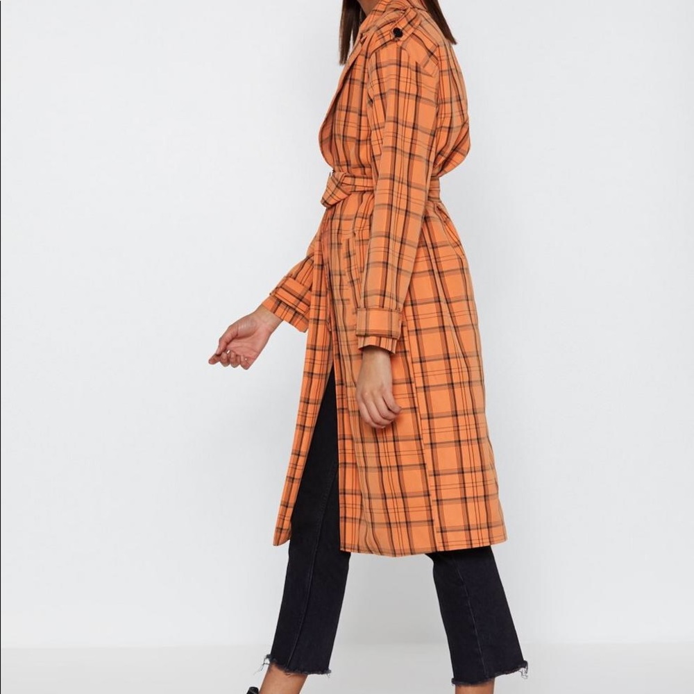 Check belted trench coat